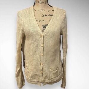 MODA INTERNATIONAL Beige Wool Blend Button Front Cardigan With Silk Trim | EUC